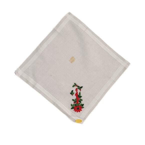 VINTAGE CHRISTMAS CANDLE POINSETTIA HANDKERCHIEF MADE IN SWITZERLAND EMBROIDERED - Picture 9 of 9